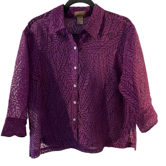 Choices Linen Blend Shear Leaf Top Tunic Purple Button up 3/4 sleeve Size Large - Picture 1 of 14